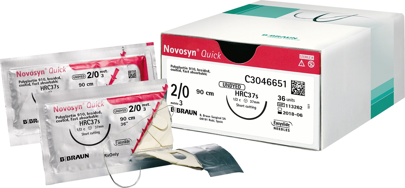 Novosyn® QUICK Packung 36 Stück ungefärbt, 70 cm, HR17, Stärke 5/0 Novosyn® QUICK Packung 36 Stück ungefärbt, 70 cm, HR17, Stärke 5/0