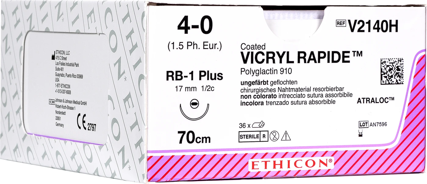 VICRYL™ RAPIDE Packung 36 Stück ungefärbt, 70 cm, RB1 PLUS, 1/2 Kreis, Rundkörper, flach, 17 mm, USP 4/0