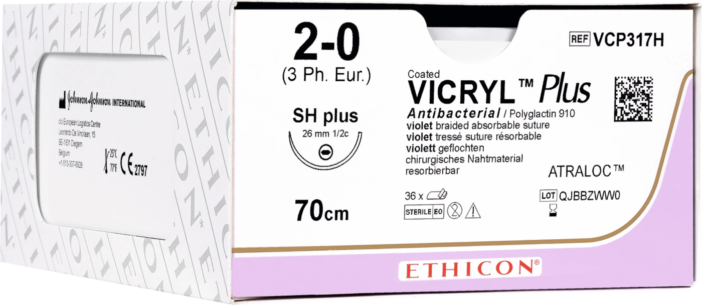 VICRYL™ Plus Packung 36 Stück violett, 70 cm, V5, 1/2 Kreis, Rundkörper, schneidend, 17 mm, USP 3/0