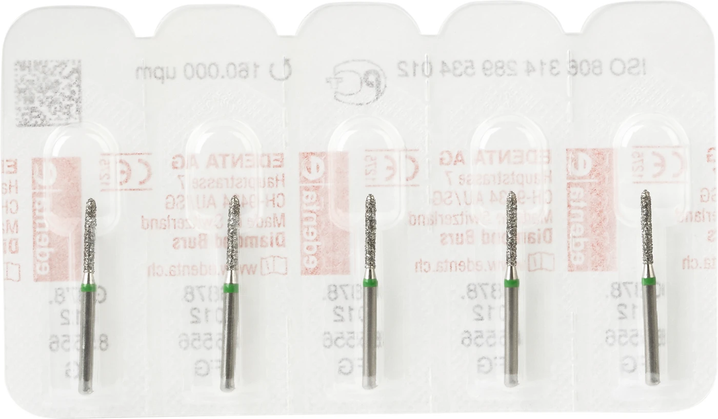 Diamanten 878 Packung 5 Stück grün grob, FG, Figur 289 Torpedo zylindrisch, 8 mm, ISO 012 Diamanten 878 Packung 5 Stück grün grob, FG, Figur 289 Torpedo zylindrisch, 8 mm, ISO 012