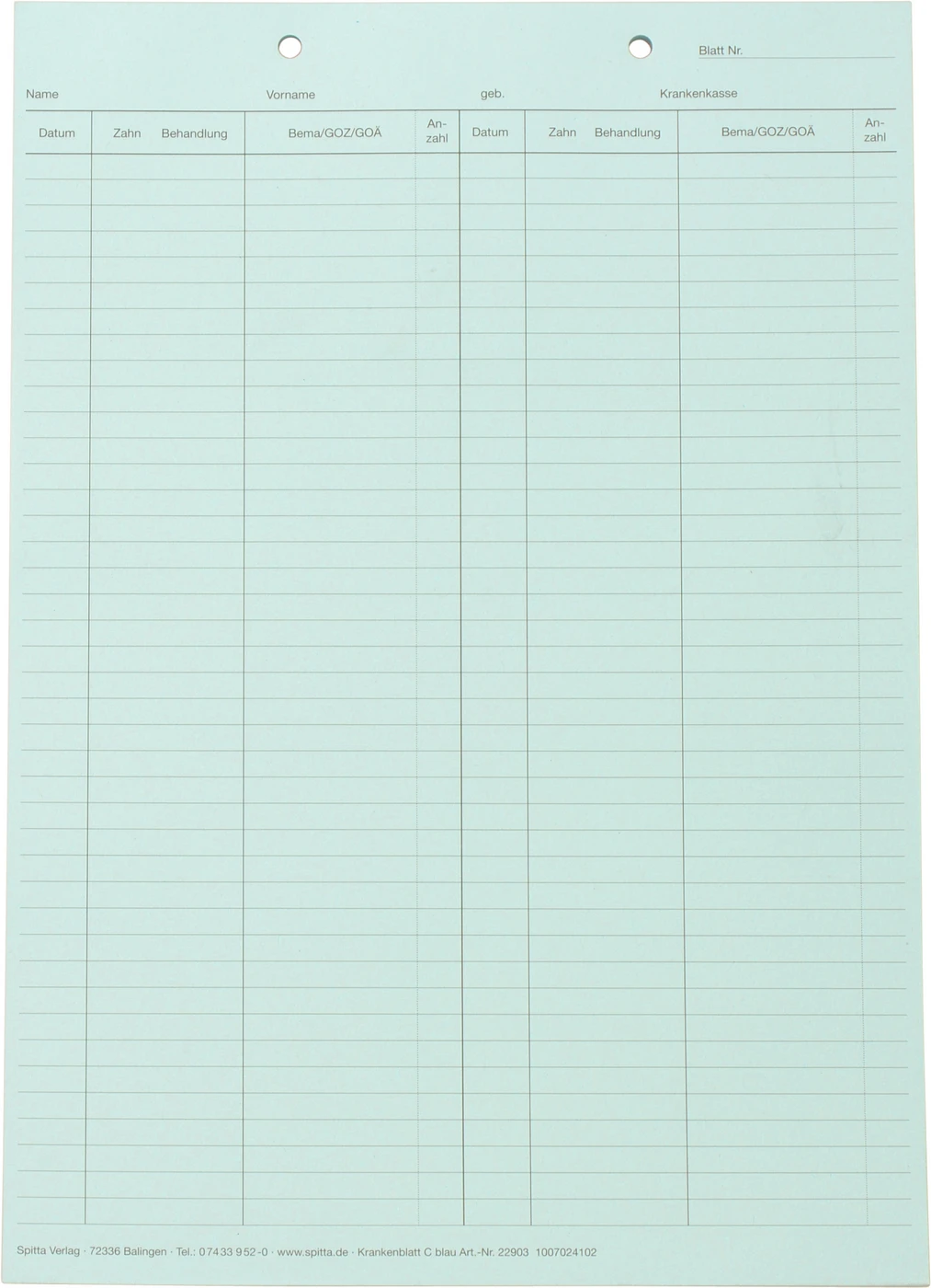 Krankenblatt C Stück 100 Blatt blau