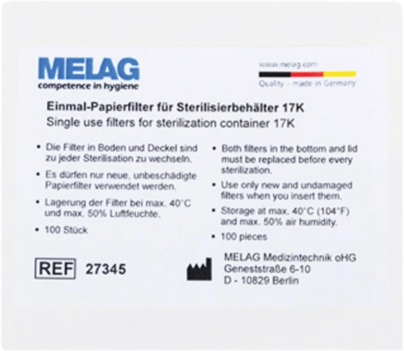 Einmal-Papierfilter Packung 100 Stück für 17K