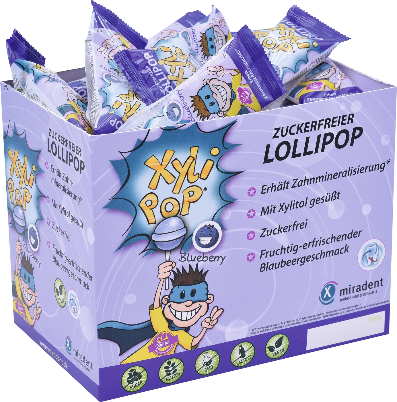 XyliPOP® Lollipop Box 50 x 6 g Stück Blaubeere XyliPOP® Lollipop Box 50 x 6 g Stück Blaubeere