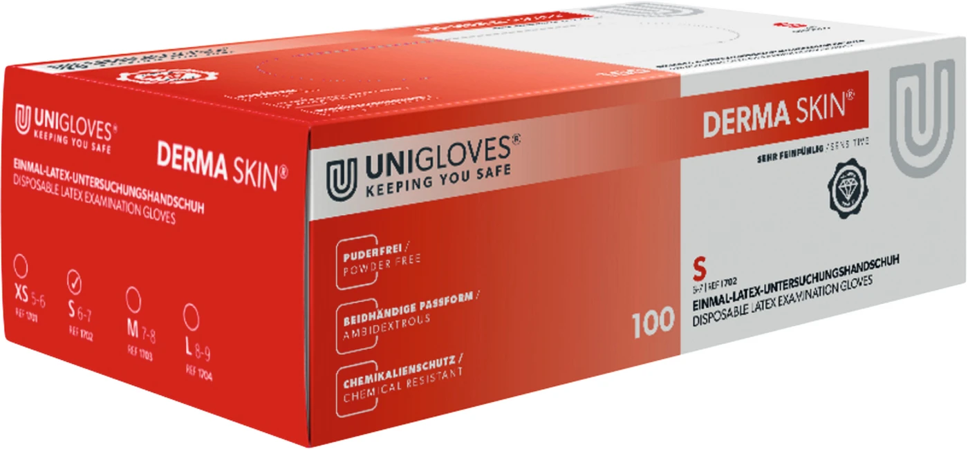 DERMA SKIN Latexhandschuhe Packung 100 Stück puderfrei, naturlatex, S