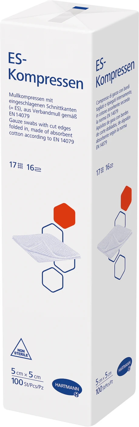 ES-Kompressen unsteril Packung 100 Stück 5 x 5 cm, 16-fach gelegt ES-Kompressen unsteril Packung 100 Stück 5 x 5 cm, 16-fach gelegt