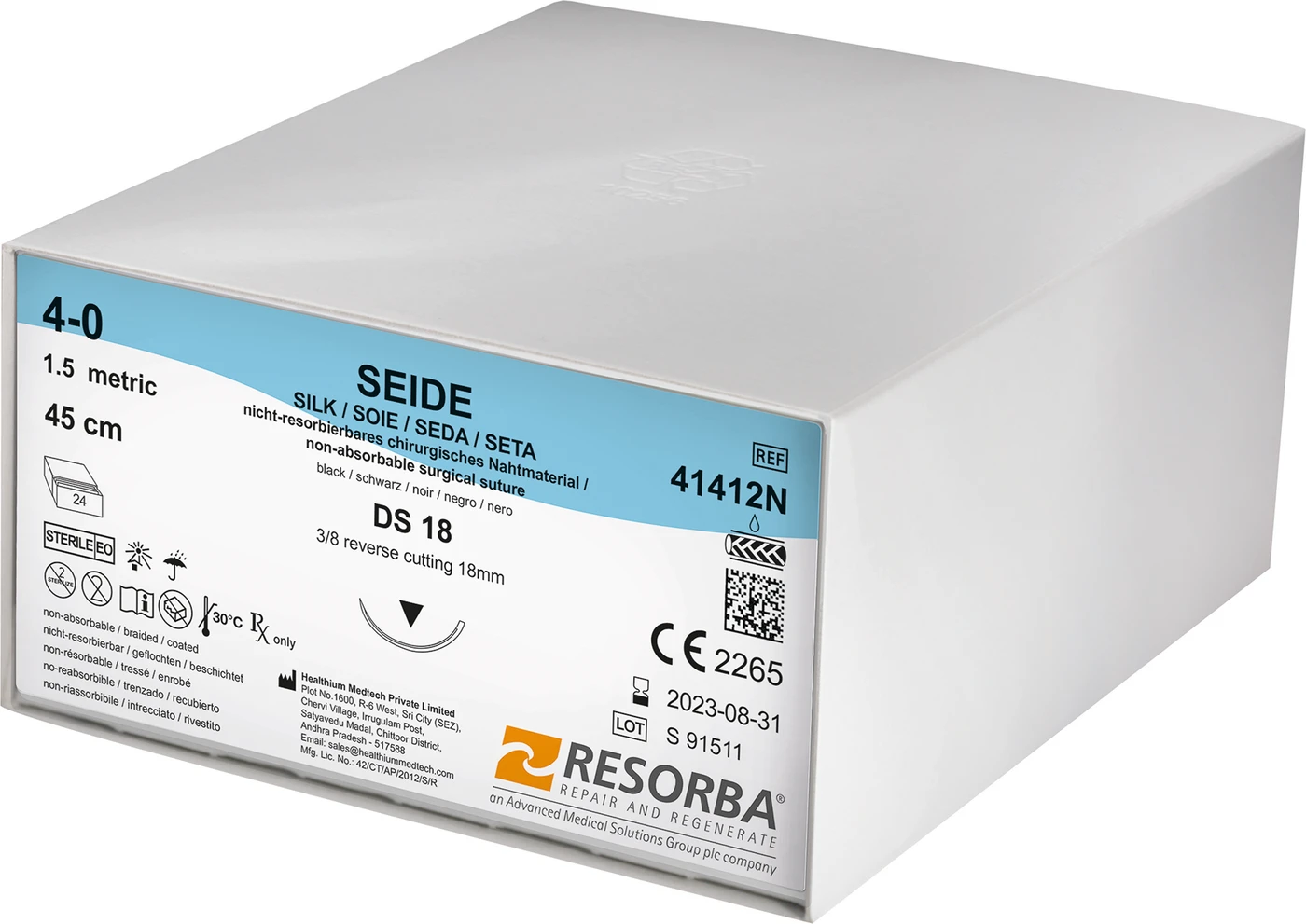 RESORBA® Nahtmaterial Packung 24 Stück, schwarz, 45 cm, DS18, USP 4/0