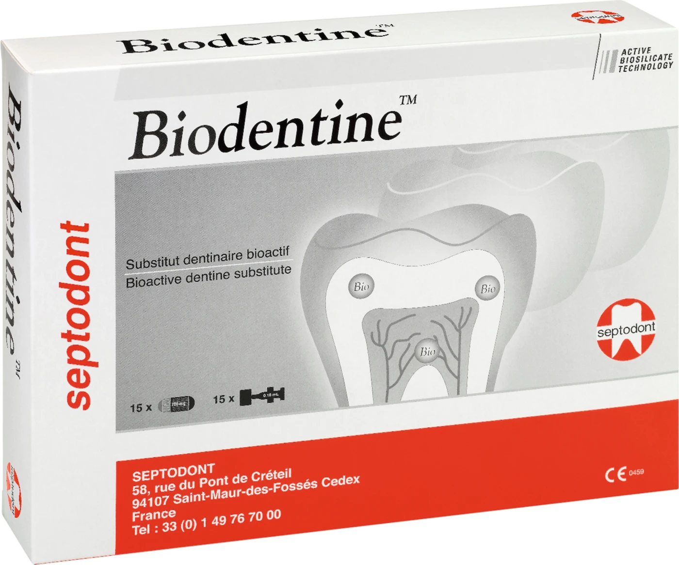 Biodentine™ Packung 15 Kapseln Pulver, 15 Flüssigkeitspipetten, 15 Applikatoren, 1 Kapselhalter