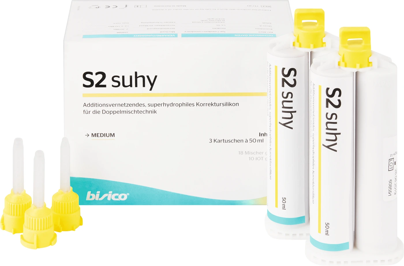 S2 suhy Packung 3 x 50 ml Doppelkartusche medium, 18 Mischer gelb