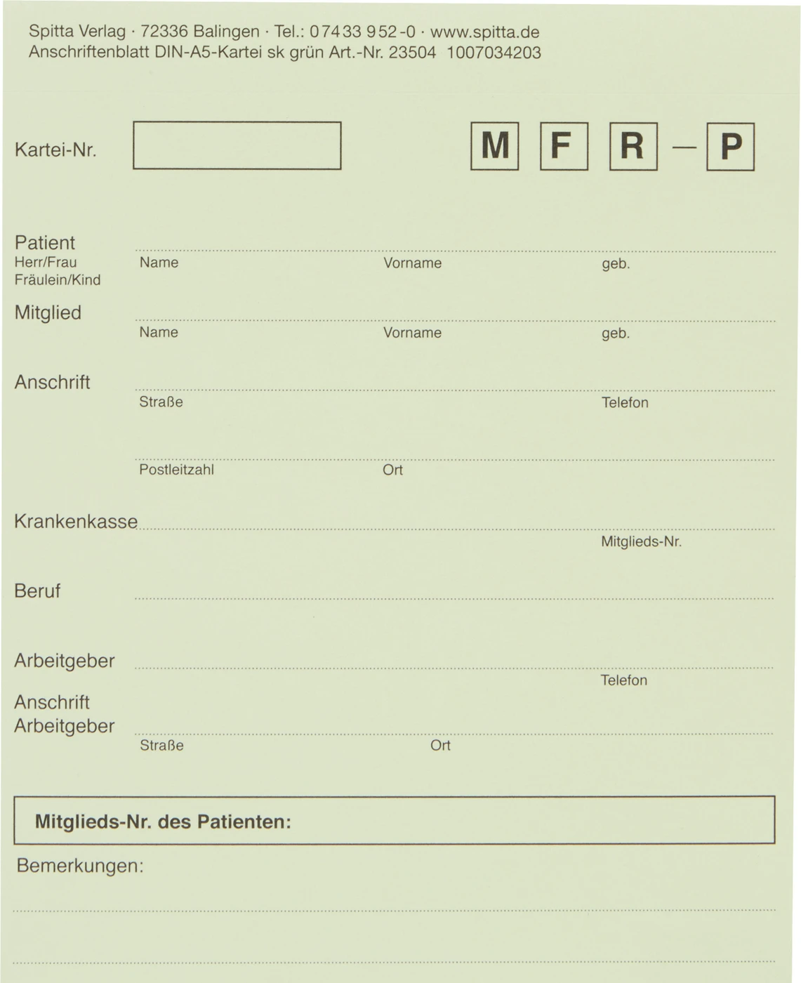 Anschriftenblatt für DIN A5-Karteikarte Stück 50 Blatt grün