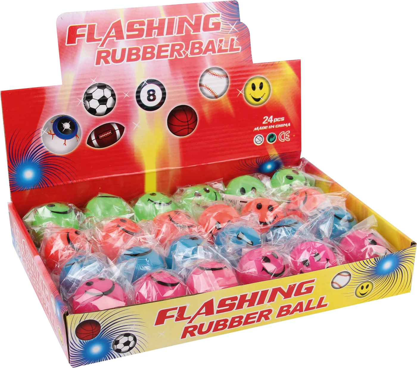 Springbälle Smile mit Licht Displaybox 24 Stück (orange, grün, rot, blau, gelb, lila)