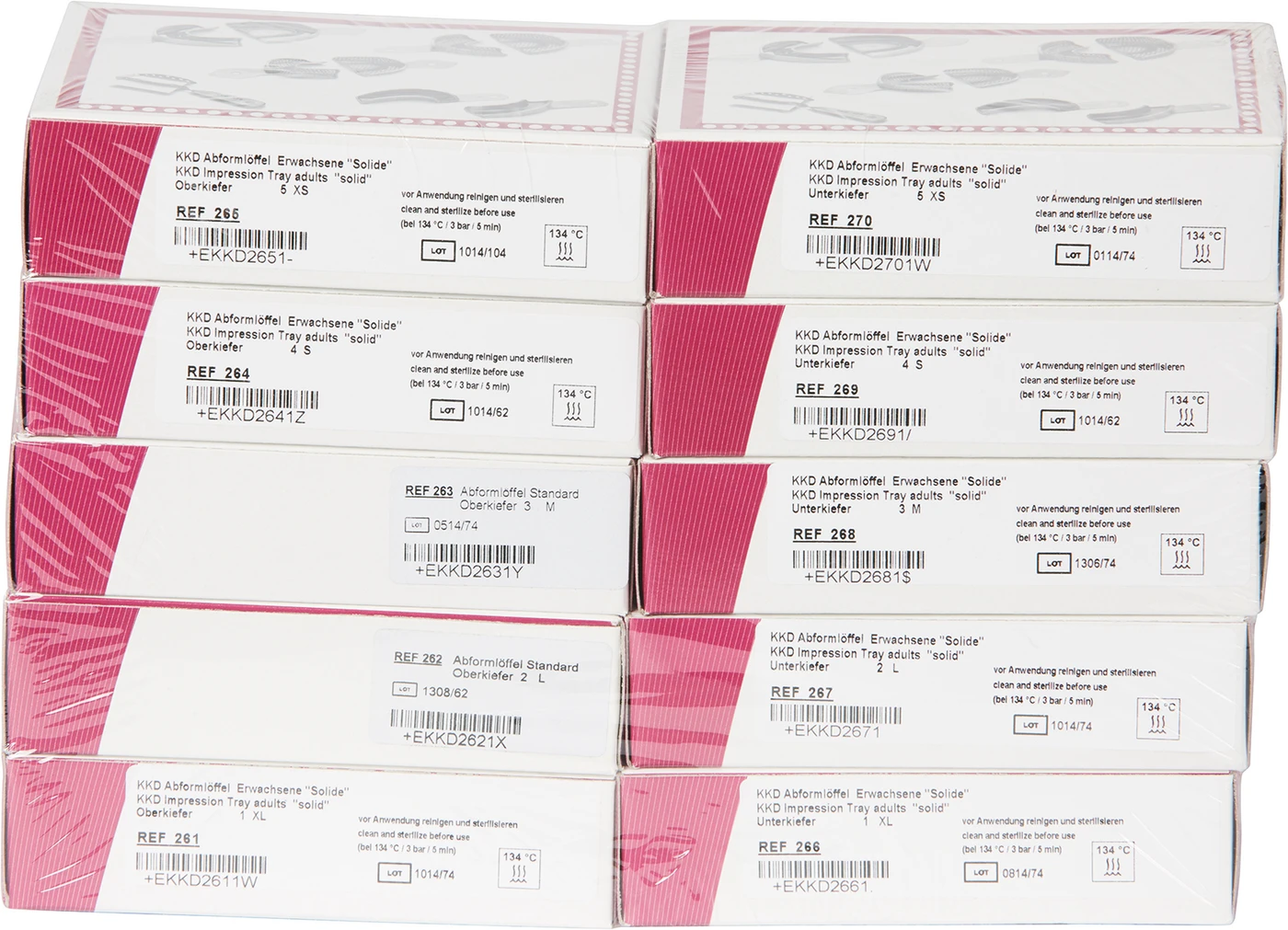 KKD® Abformlöffel Standardabdruck Satz 10 Stück (UK-1 XL, UK-2 L, UK-3 M, UK-4 S, UK-5 XS, OK-1 XL, OK-2 L, OK-3 M, OK-4 S, OK-5 XS), voll