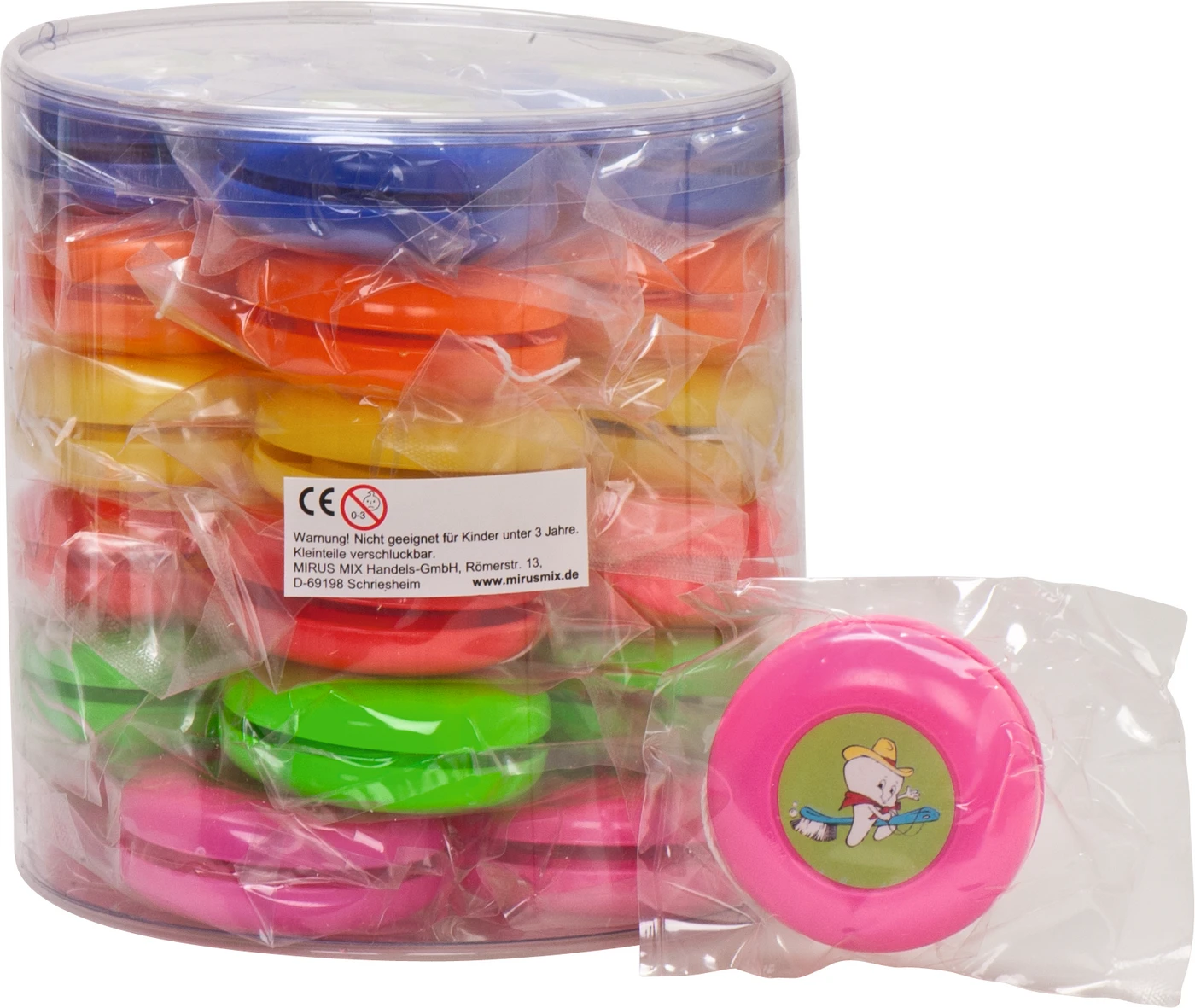 Jo-Jo Packung 24 Stück Ø 63 mm, Zahn Motiv (blau, orange, gelb, rot, grün, rosa) Jo-Jo Packung 24 Stück Ø 63 mm, Zahn Motiv (blau, orange, gelb, rot, grün, rosa)