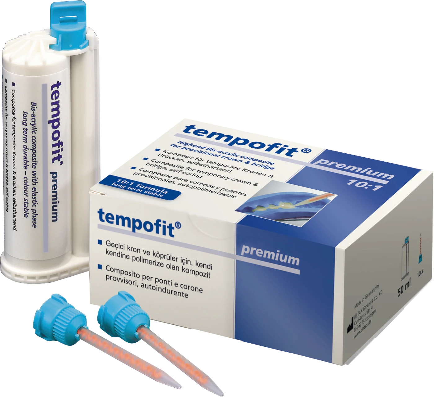 tempofit® premium Standardpackung 50 ml Doppelkartusche A1, 10 Mischkanülen blau