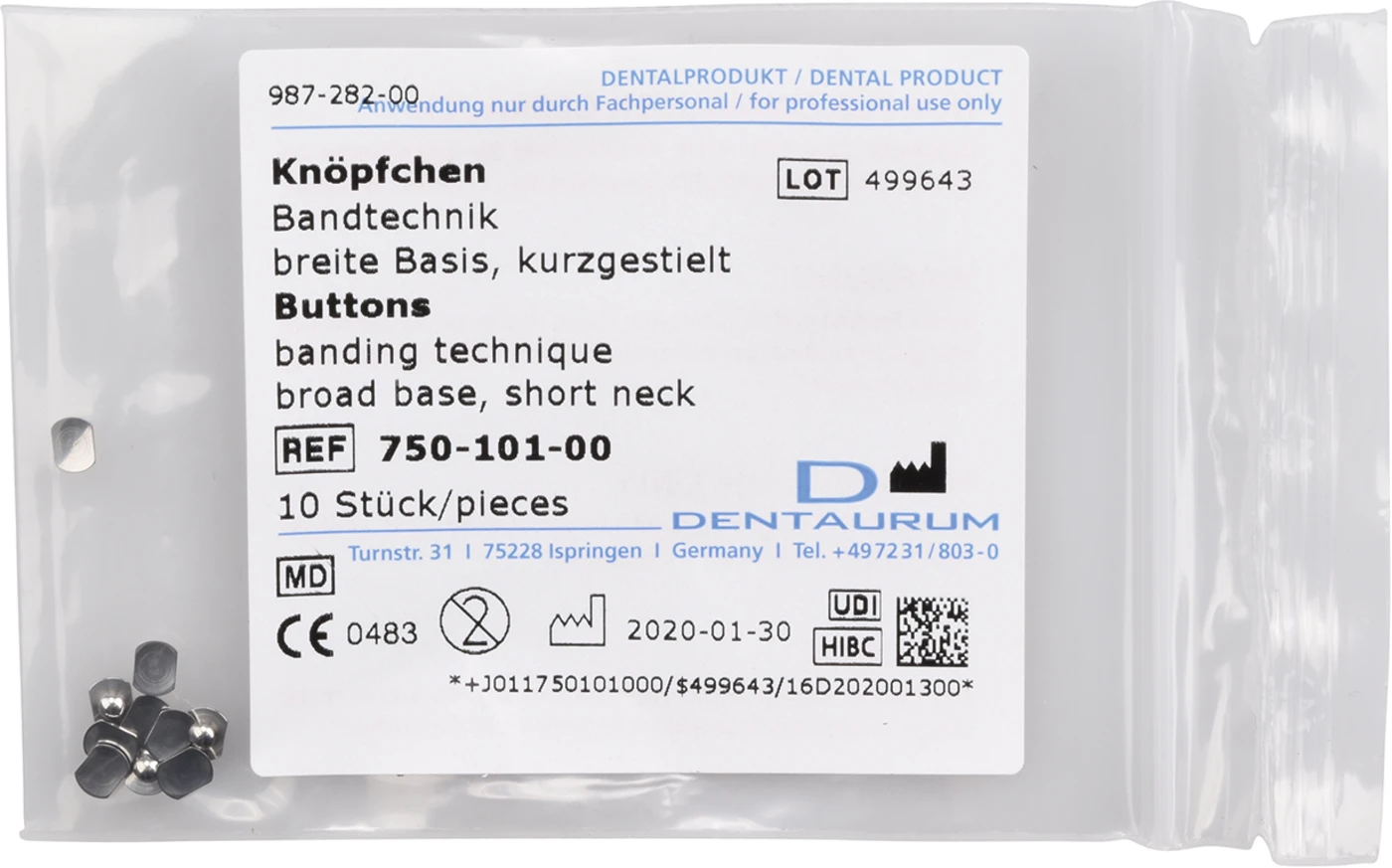 Bandtechnik Packung 10 Lingualknöpfchen breite Basis, kurzgestielt