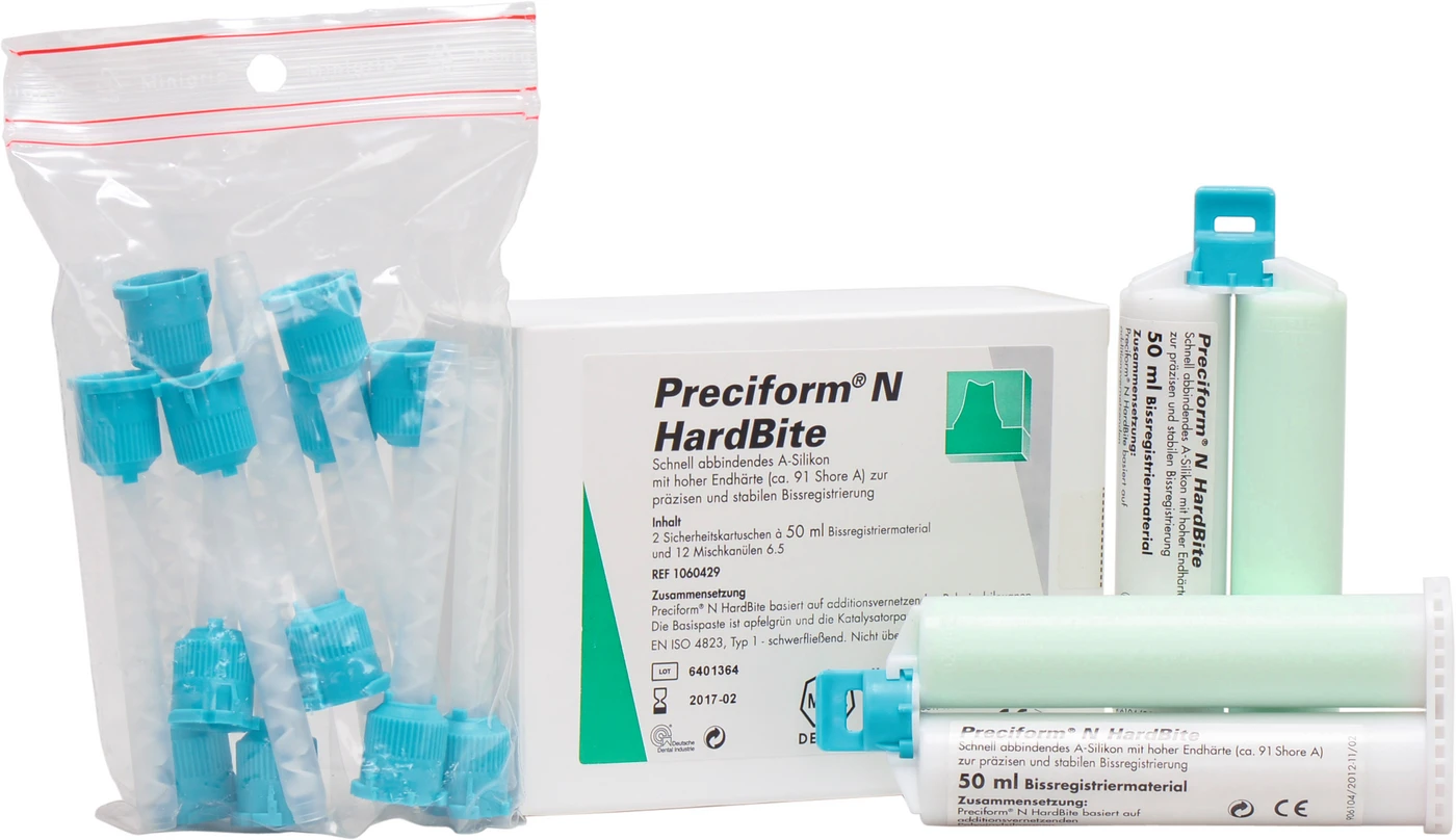 Preciform® N HardBite Packung 2 x 50 ml Doppelkartusche grün, 12 Mischkanülen türkis