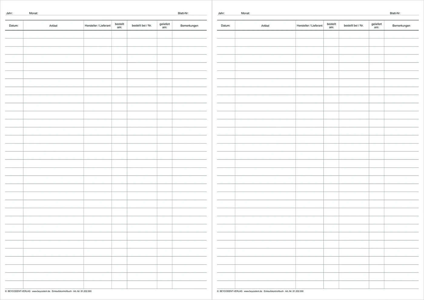 Einkaufs-/Materialkontrollbuch Stück