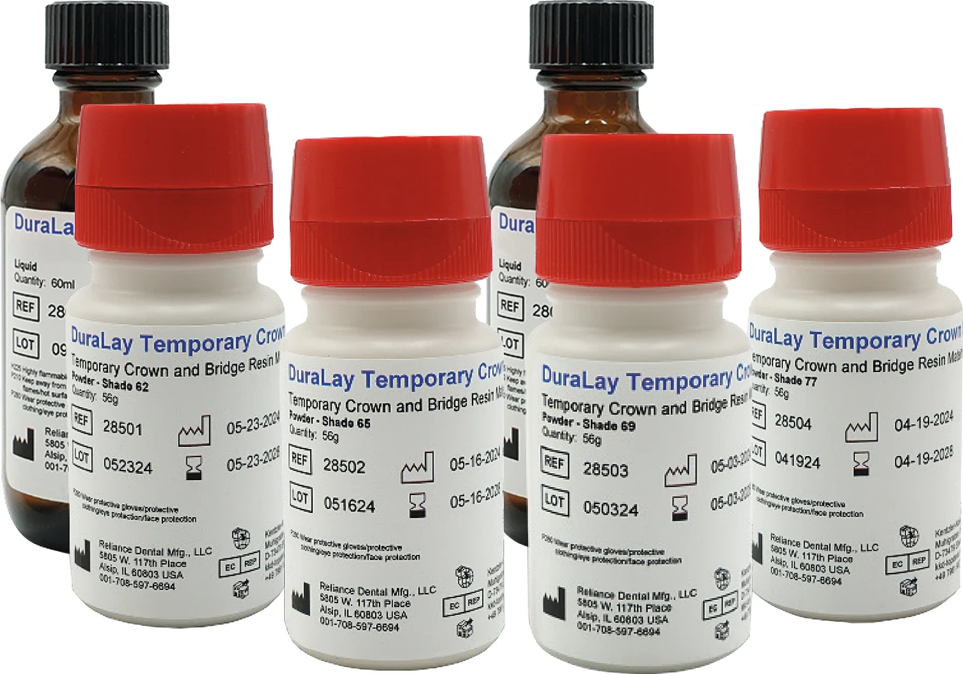 DuraLay Temporary Crown & Bridge Kit 4 x 56 g Pulver (A2, D3, C2, B4), 2 x 60 ml Flüssigkeit