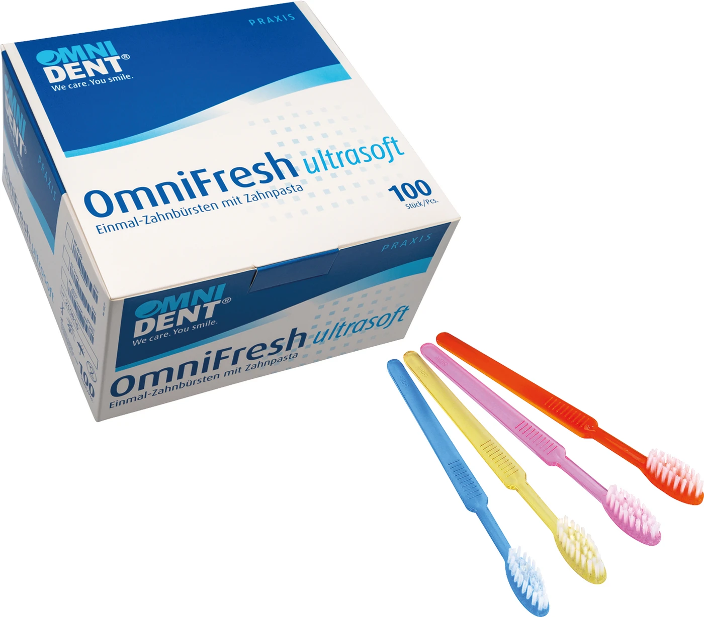 OmniFresh Ultrasoft Karton 100 Stück sortiert (blau, orange, pink, gelb)