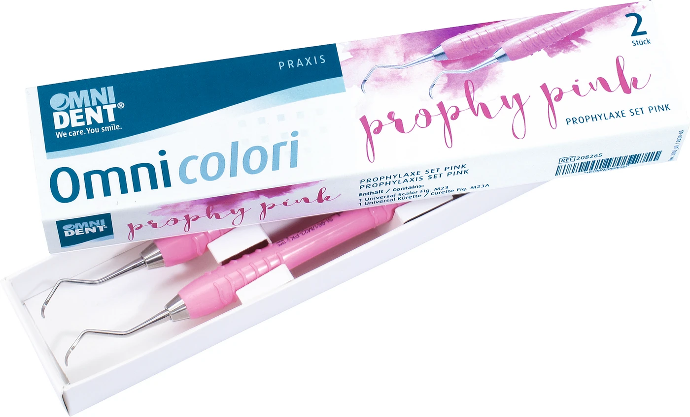 Omni colori Set 1 Kürette universal, Figur M23A, 1 Scaler universal, Figur M23, Silikongriff pink