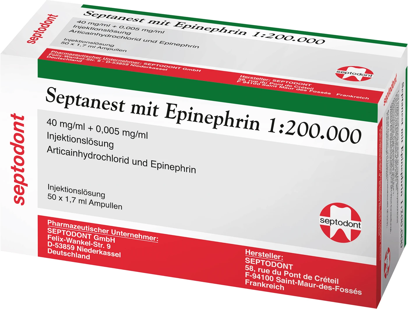 Septanest mit Epinephrin 1:200.000 Packung 50 x 1,7 ml Zylinderampulle