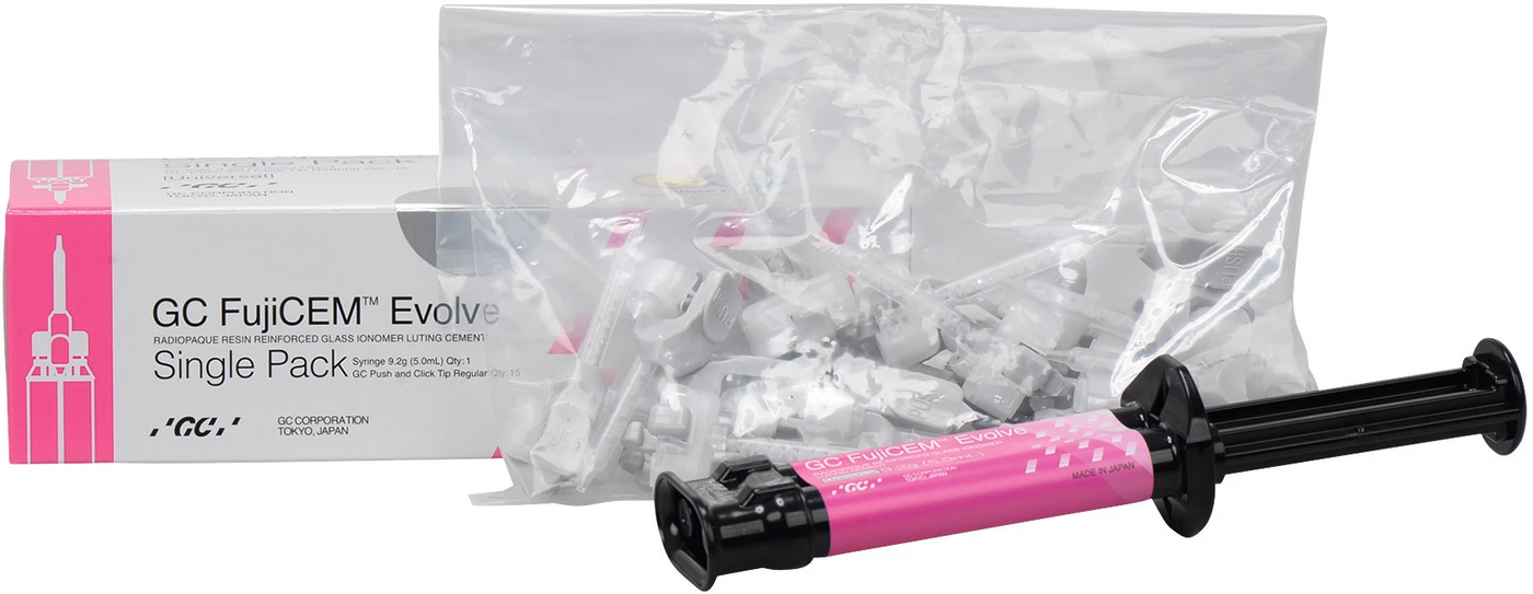 GC FujiCEM™ Evolve Single Pack 9,2 g/ 5 ml Spritze, 15 Mixing Tips Regular GC FujiCEM™ Evolve Single Pack 9,2 g/ 5 ml Spritze, 15 Mixing Tips Regular