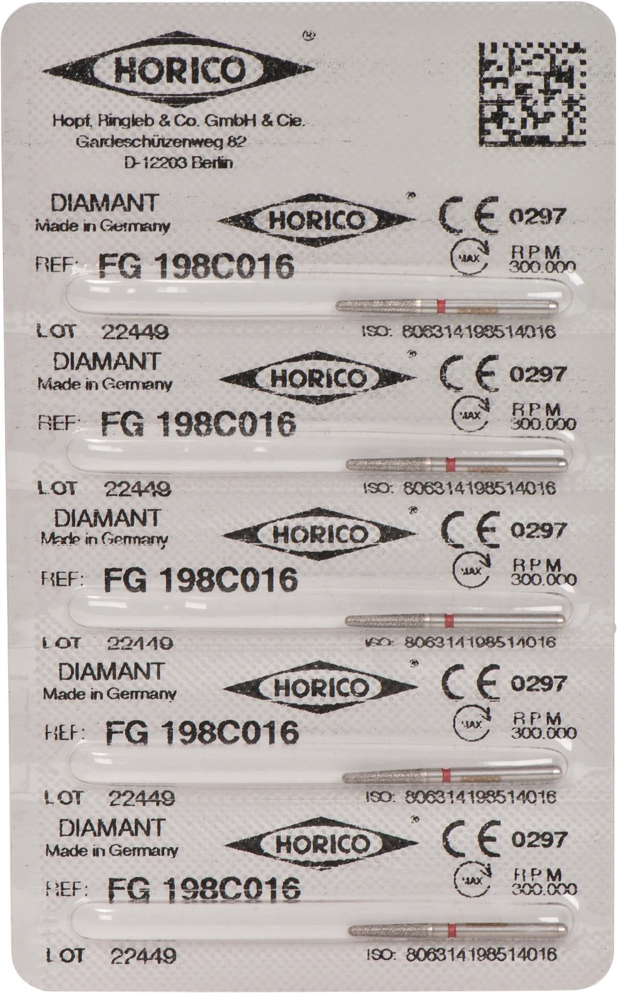 Diamantschleifer 198 Packung 5 Stück rot fein, FG, Figur 198, 8 mm, ISO 016
