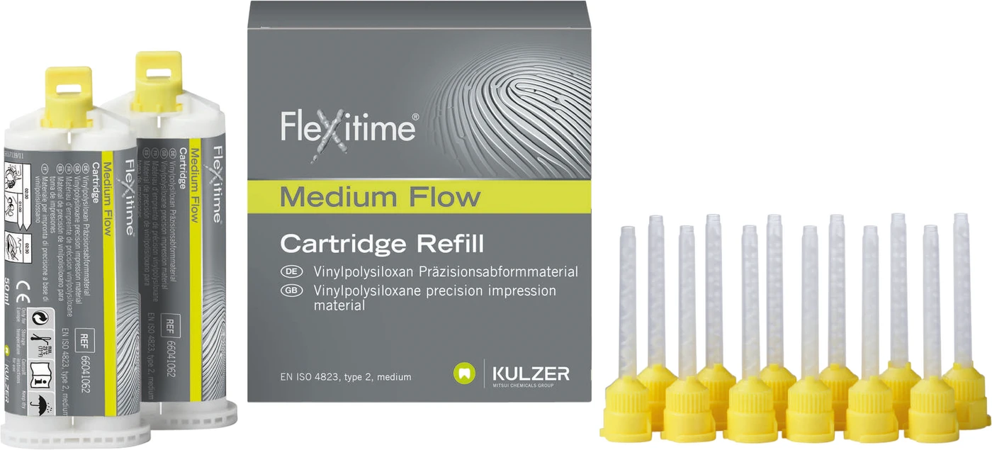 Flexitime® Packung 2 x 50 ml Doppelkartusche Medium Flow, zähfließend, 6 Mischkanülen gelb 1:1