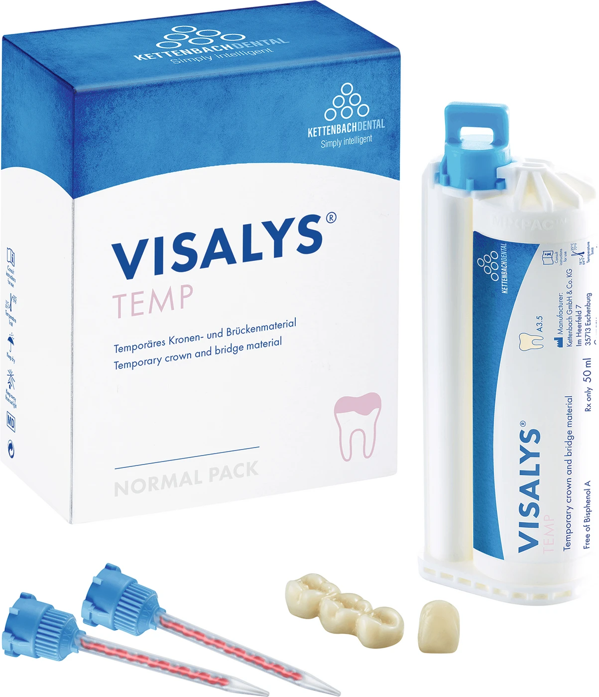 Visalys® Temp Normal pack Doppelkartusche 50 ml A3,5, 15 Mischkanülen blau-orange